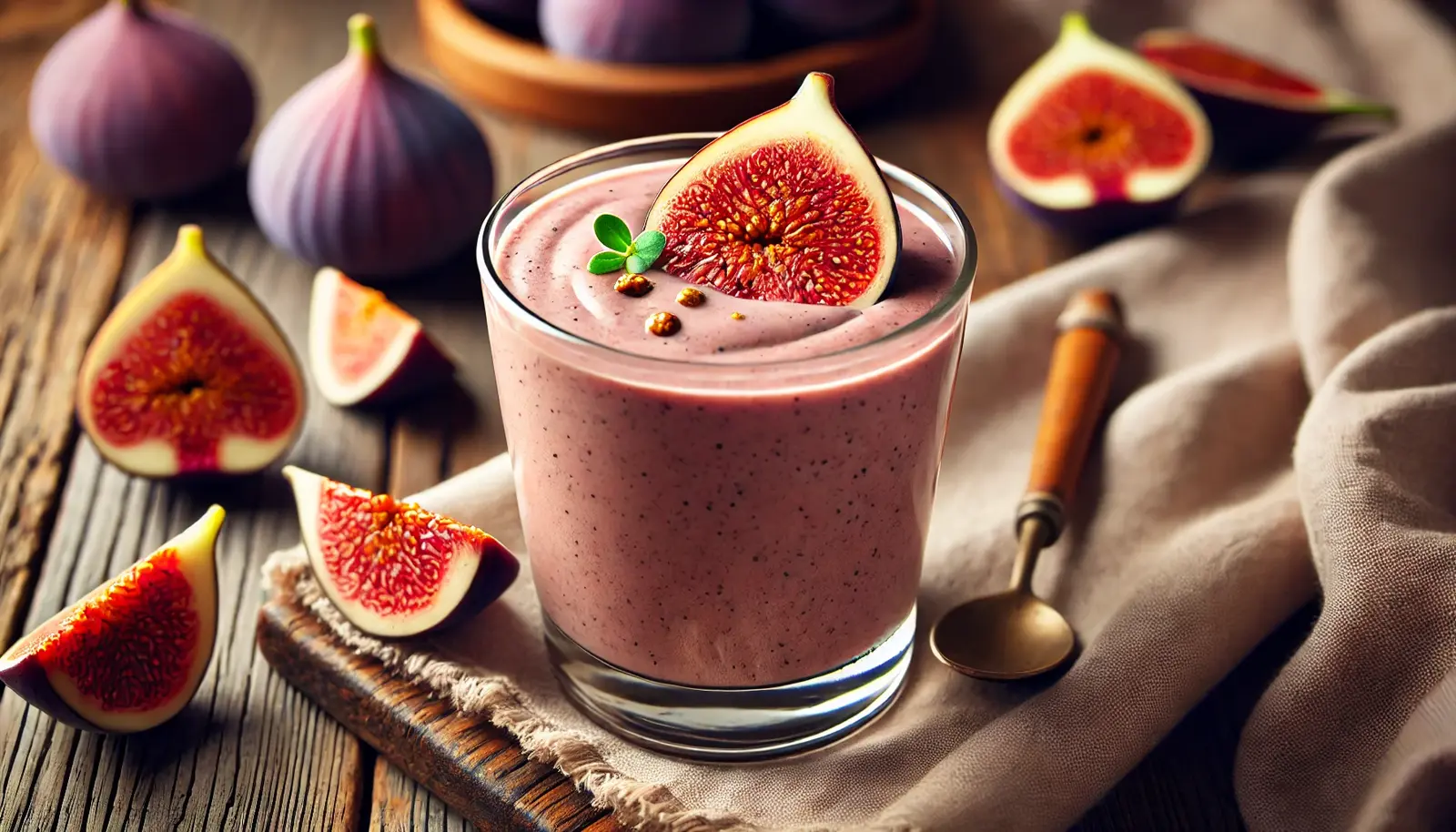 A rich, creamy fig smoothie in a clear glass, garnished with a fresh fig slice and seeds, placed on a rustic wooden table with fresh figs in the background.
