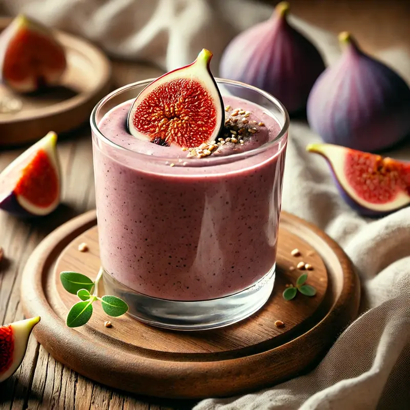 A creamy fig smoothie in a clear glass, garnished with a fresh fig slice and seeds, placed on a rustic wooden table with fresh figs in the background.