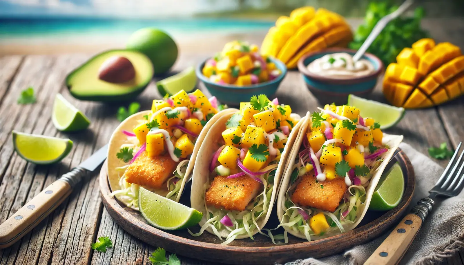 Crispy fish tacos with mango salsa, shredded cabbage, and creamy sauce, served with lime wedges and avocado slices on a rustic wooden table.