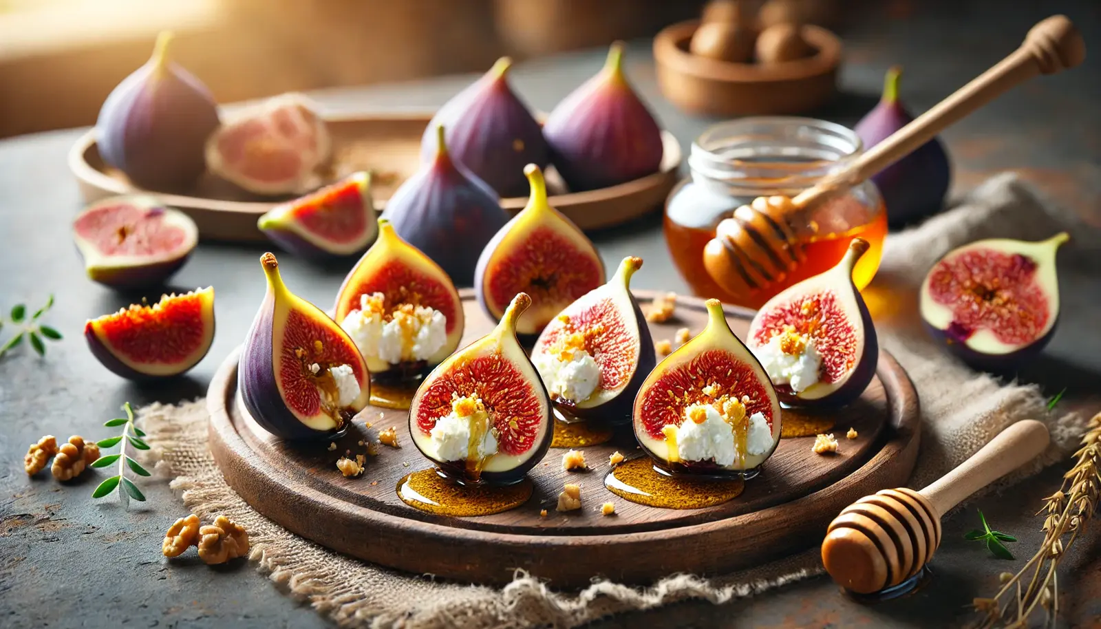 A rustic wooden platter with halved figs stuffed with creamy goat cheese, drizzled with honey, and garnished with crushed nuts and fresh herbs. Whole figs and a honey dipper are placed nearby, with a softly blurred warm kitchen background.