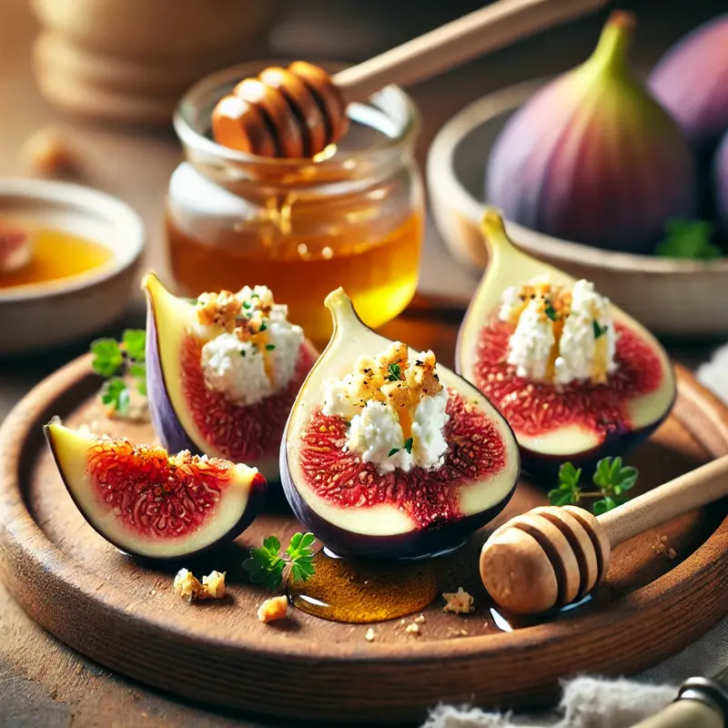A rustic wooden plate with halved figs stuffed with creamy goat cheese, drizzled with honey, and topped with crushed nuts and fresh herbs. Whole figs and a honey dipper sit nearby, with a softly blurred warm kitchen background