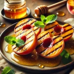 A plate of caramelized grilled peaches drizzled with golden honey, garnished with fresh mint leaves. A honey dipper with dripping honey sits nearby on a rustic wooden surface.
