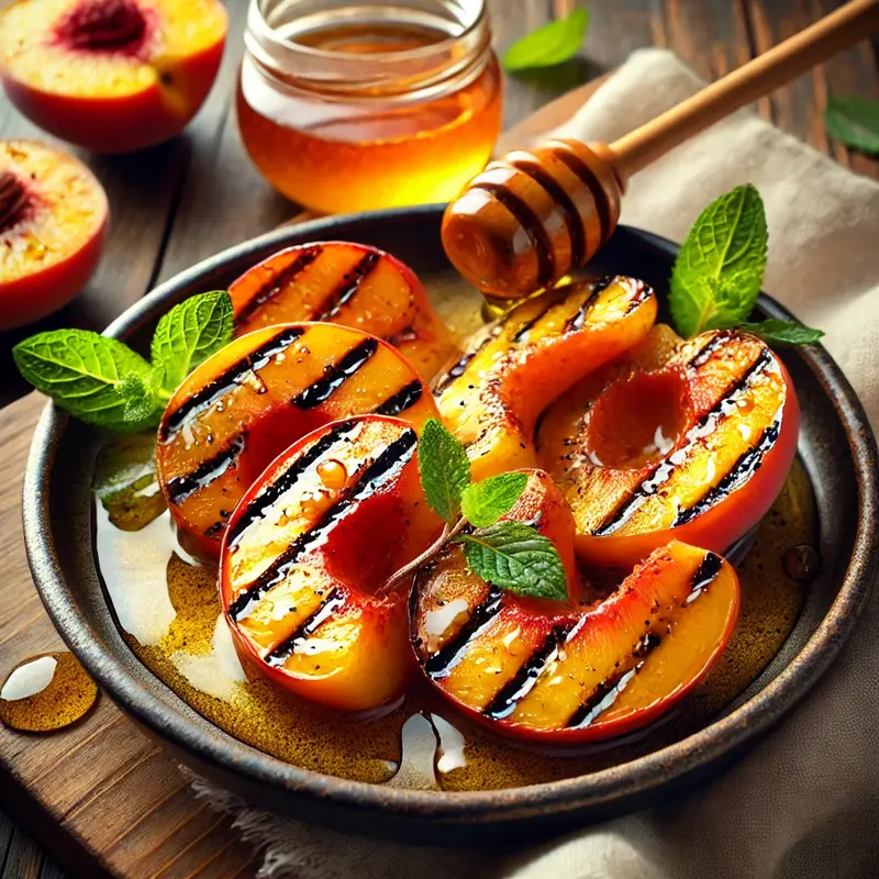A plate of caramelized grilled peaches drizzled with golden honey, garnished with fresh mint leaves. A honey dipper with dripping honey sits nearby on a rustic wooden surface.