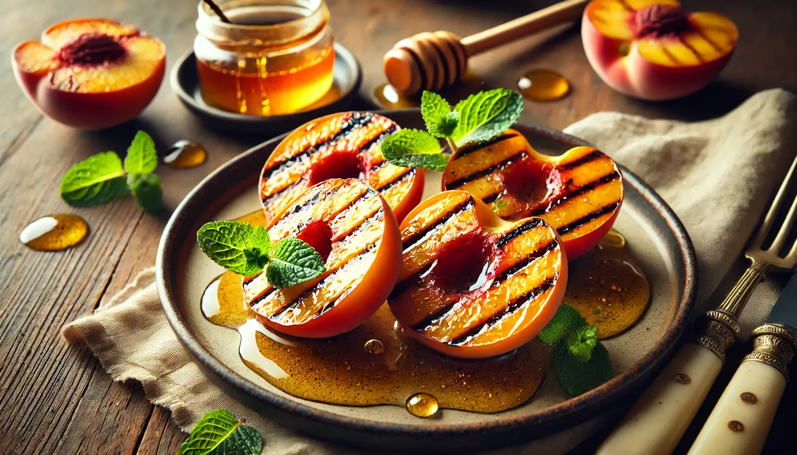 A plate of caramelized grilled peaches drizzled with golden honey, garnished with fresh mint leaves. A honey dipper with dripping honey sits nearby on a rustic wooden surface.