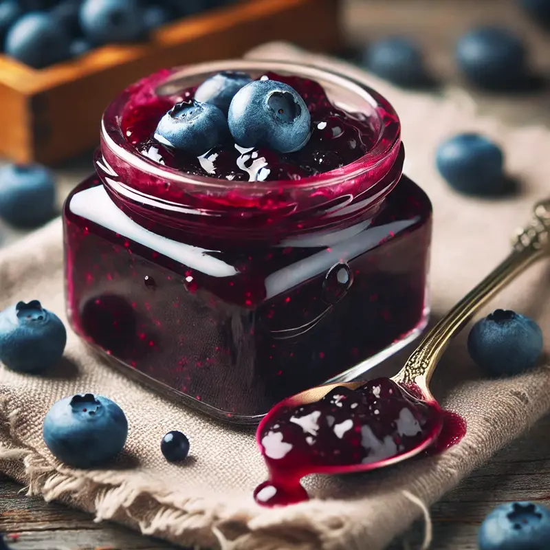 A close-up of a homemade blueberry sauce in a small glass jar, with fresh blueberries scattered around. The sauce is thick, glossy, and deep purple, with a spoon partially submerged, showing its rich texture. The background features a rustic wooden surface with a soft kitchen towel partially visible.