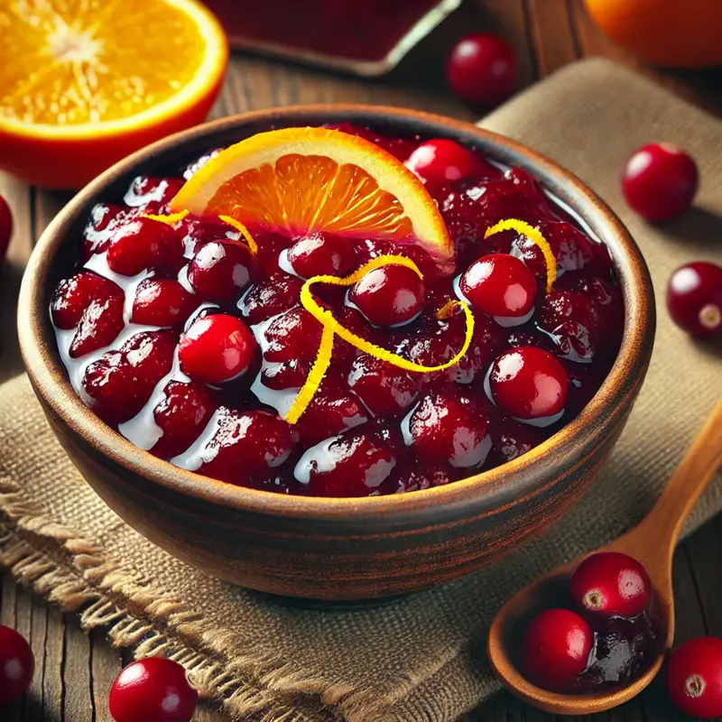 A bowl of homemade cranberry sauce with a glossy texture, garnished with fresh cranberries and orange zest, placed on a wooden table.