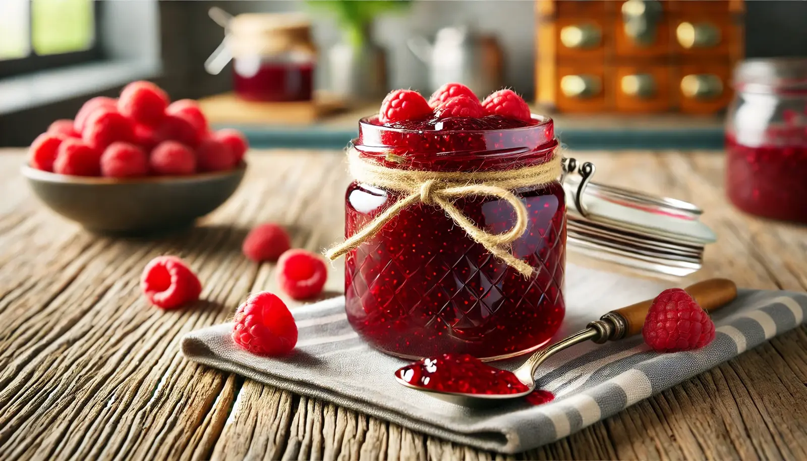 A jar of homemade raspberry jam on a rustic wooden table, surrounded by fresh raspberries and a spoon dripping with jam.