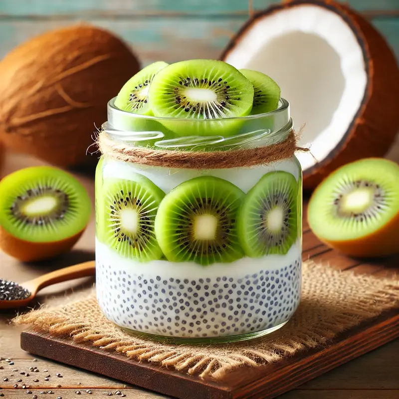 A glass jar filled with creamy coconut chia pudding, layered with fresh kiwi slices, and topped with chia seeds. The jar sits on a wooden surface with coconuts and whole kiwis in the background.