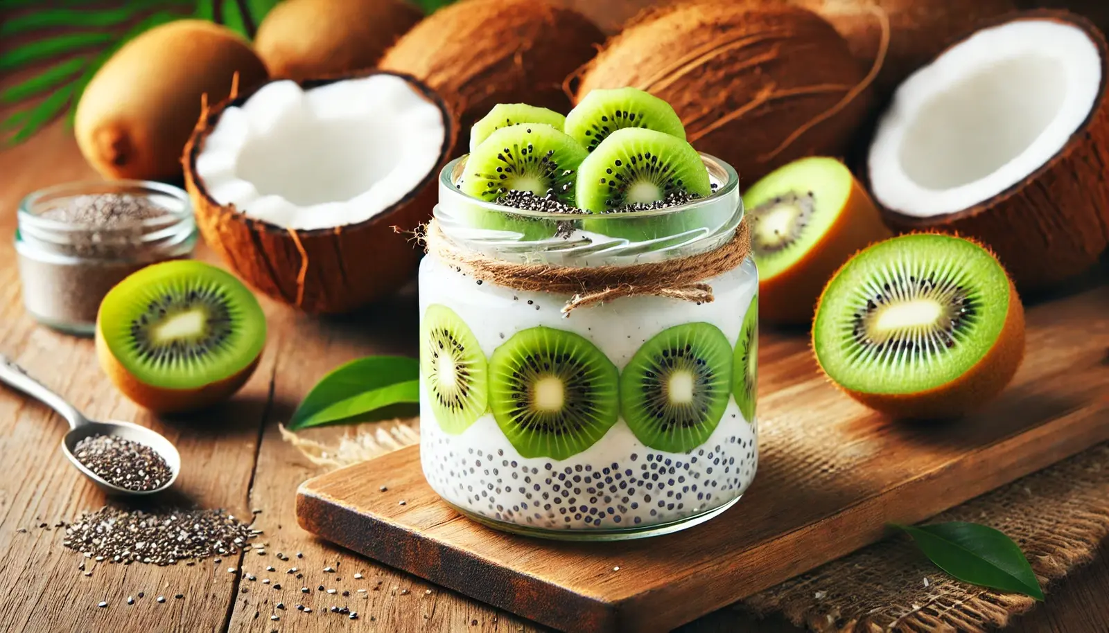 A glass jar filled with creamy coconut chia pudding, layered with fresh kiwi slices, and topped with chia seeds. Placed on a wooden surface with coconuts and whole kiwis in the background.