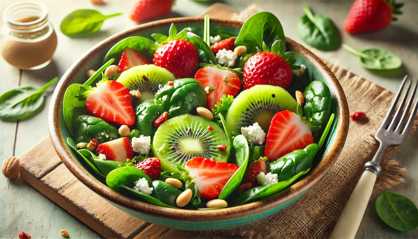 A fresh Kiwi Strawberry Spinach Salad in a rustic bowl, featuring vibrant spinach leaves, sliced strawberries, kiwi, nuts, and crumbled feta, drizzled with balsamic dressing.