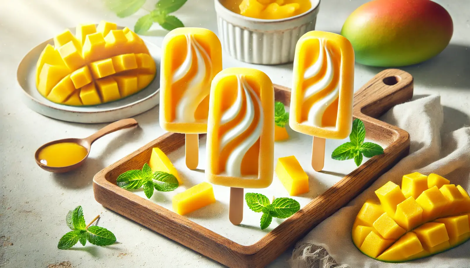 Bright yellow-orange Mango Yogurt Popsicles with creamy swirls, set on a wooden tray with fresh mango slices and mint leaves in a summery setting.