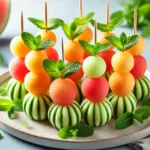 A plate of vibrant Melon Ball Skewers featuring watermelon, cantaloupe, and honeydew melon, threaded onto wooden sticks with fresh mint leaves. The setting is bright and summery with extra melon balls and mint leaves scattered around.