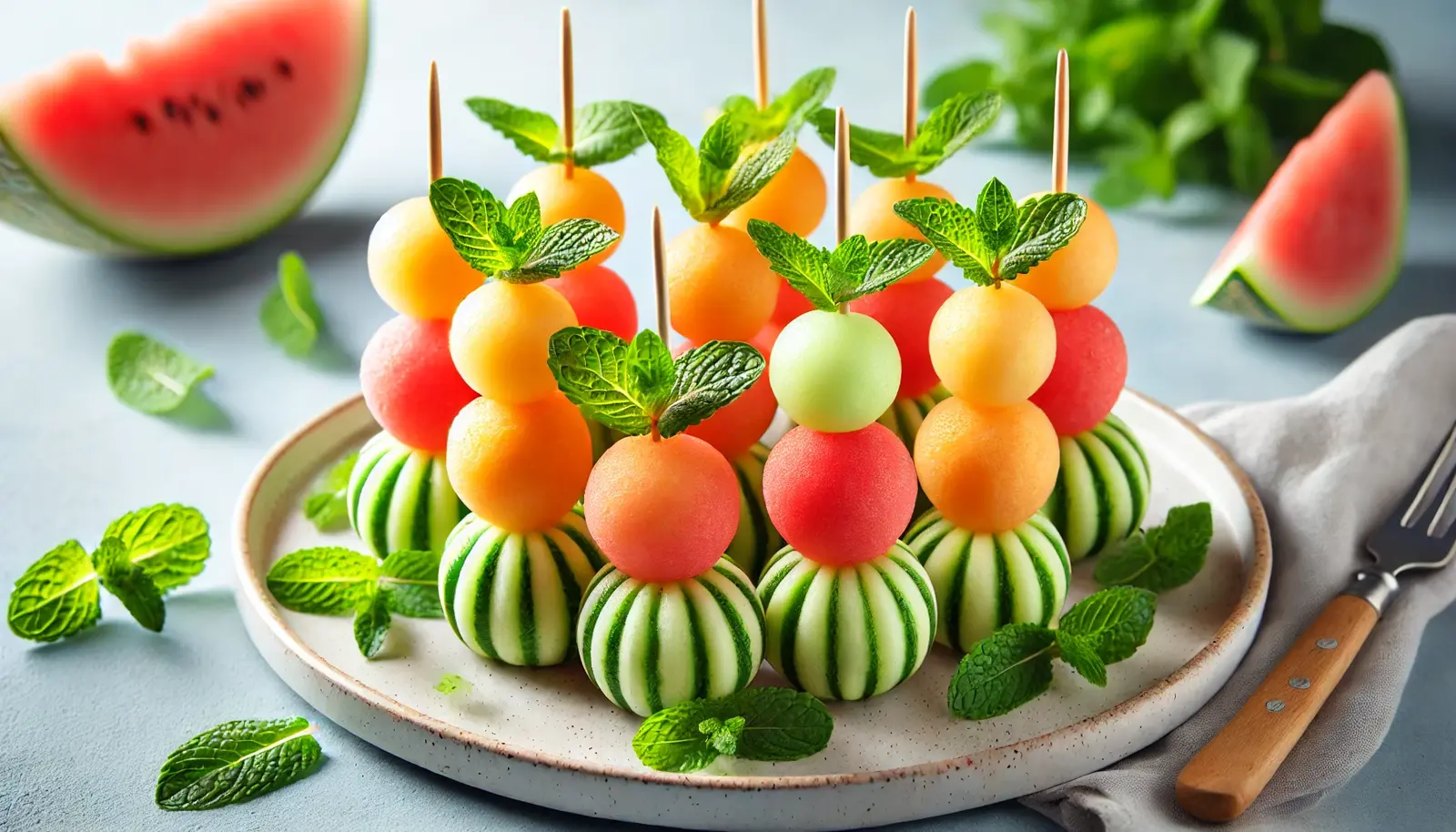 A plate of vibrant Melon Ball Skewers featuring watermelon, cantaloupe, and honeydew melon, threaded onto wooden sticks with fresh mint leaves. The setting is bright and summery with extra melon balls and mint leaves scattered around.