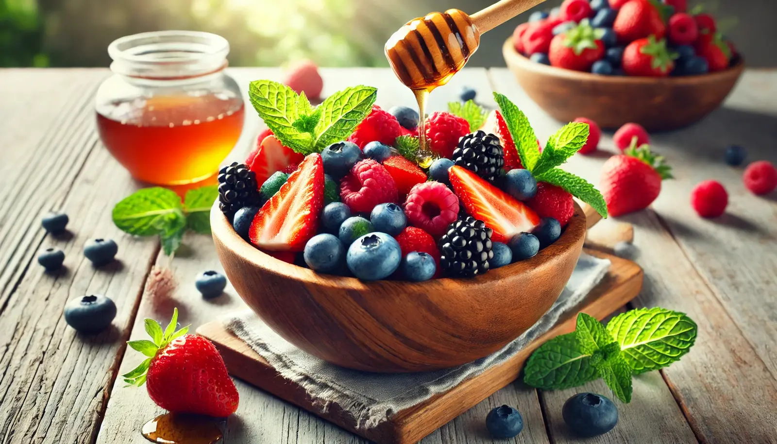 Mixed berry and mint salad with honey drizzle in a rustic wooden bowl.