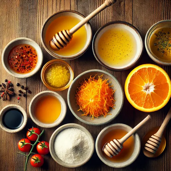 A top-down view of ingredients for an orange sauce arranged on a wooden kitchen counter. Small bowls contain fresh orange juice, orange zest, honey, chicken broth, balsamic vinegar, soy sauce, and cornstarch mixed with water. The background is softly blurred with a warm, rustic kitchen setting