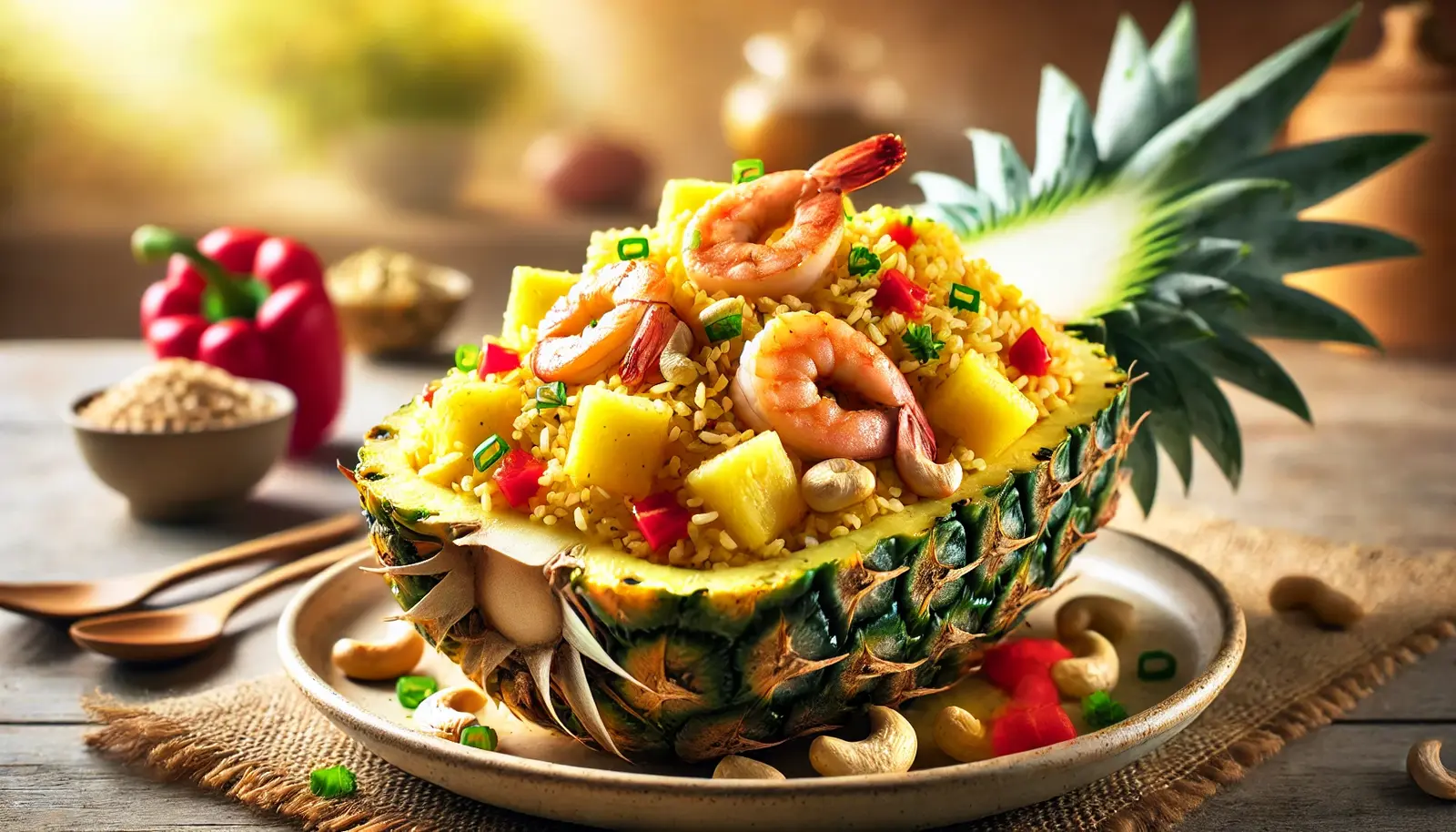 A vibrant plate of pineapple fried rice served in a halved pineapple boat, with golden rice, chunks of sweet pineapple, shrimp, cashews, red bell peppers, and green onions. The background is softly blurred with a warm, tropical kitchen setting.