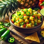 A bowl of fresh Pineapple Jalapeño Salsa with bright yellow pineapple chunks, chopped green jalapeños, red bell peppers, and cilantro. A lime wedge sits beside the bowl, with tortilla chips and fresh ingredients in the background.