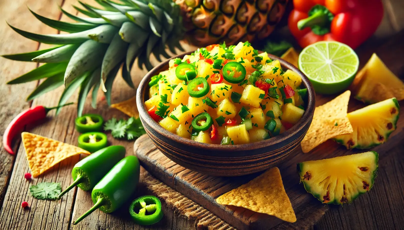 A bowl of fresh Pineapple Jalapeño Salsa with bright yellow pineapple chunks, chopped green jalapeños, red bell peppers, and cilantro. A lime wedge sits beside the bowl, with tortilla chips and fresh ingredients in the background.