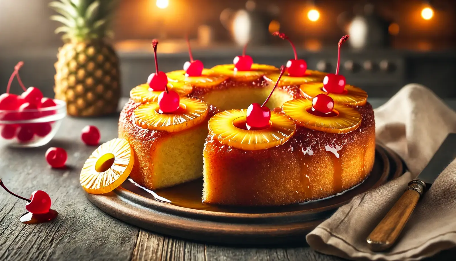 A golden-brown pineapple upside-down cake with caramelized pineapple rings and cherries, placed on a rustic wooden table with a blurred kitchen background.