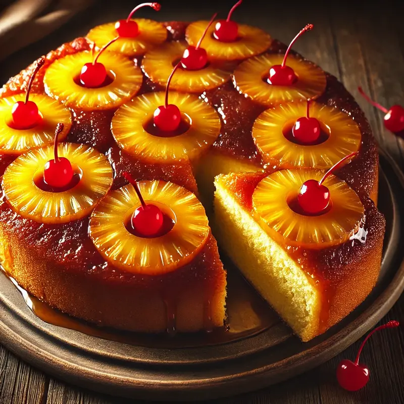 A moist pineapple upside-down cake with caramelized pineapple rings and cherries on top, placed on a rustic wooden table with warm lighting.