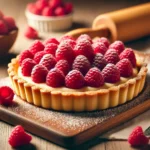 A golden, flaky raspberry tart filled with smooth cream and topped with fresh raspberries, lightly dusted with powdered sugar. Placed on a wooden surface with baking elements in the background.