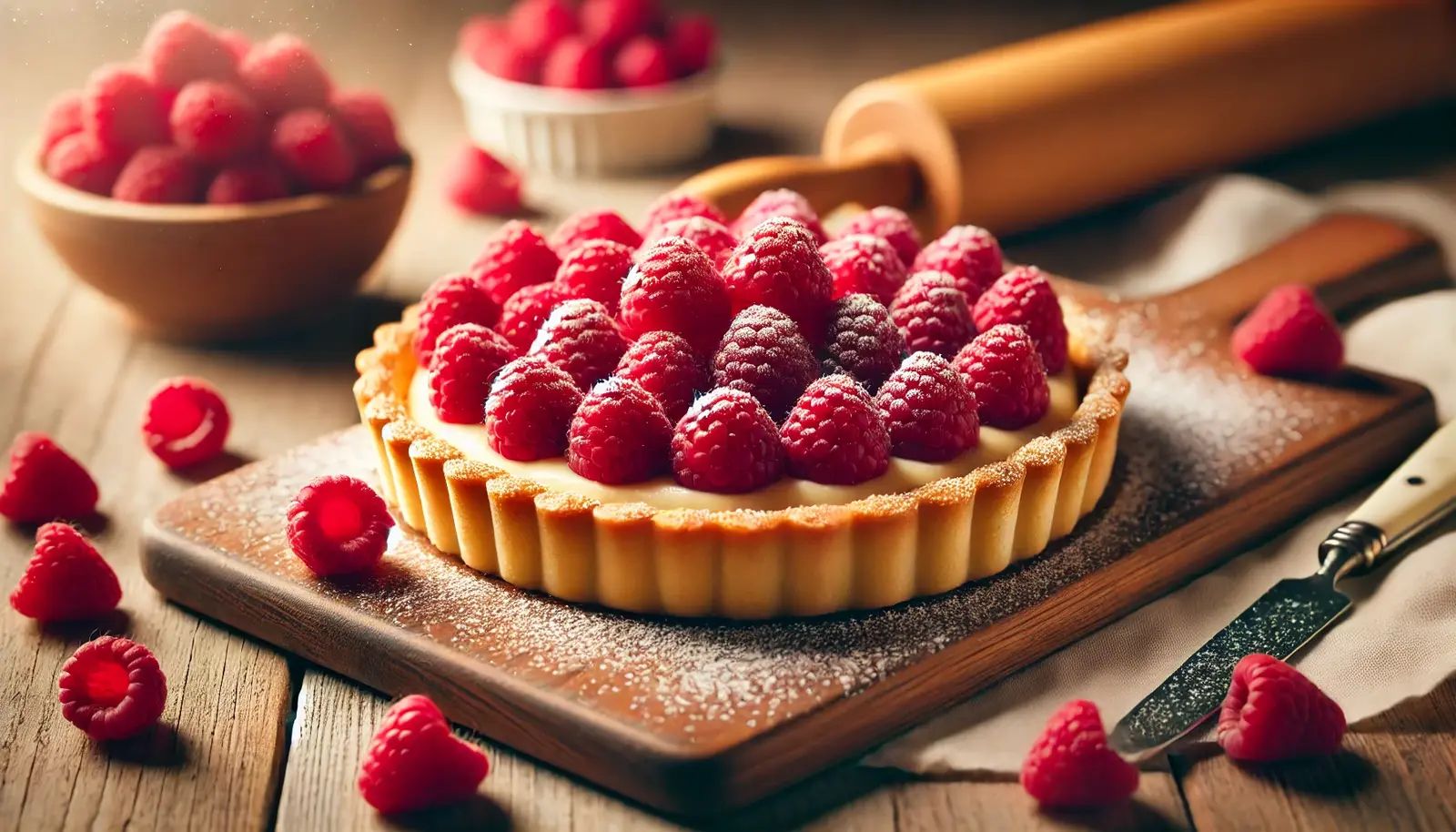 A golden, flaky raspberry tart filled with smooth cream and topped with fresh raspberries, lightly dusted with powdered sugar. Placed on a wooden surface with baking elements in the background.