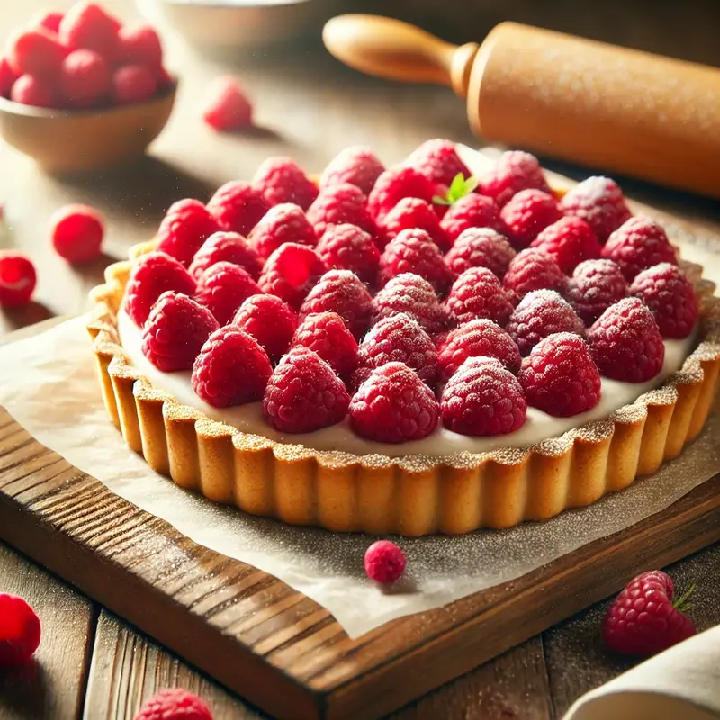 A golden, flaky raspberry tart filled with smooth cream and topped with fresh raspberries, lightly dusted with powdered sugar. Placed on a wooden surface with baking elements in the background.