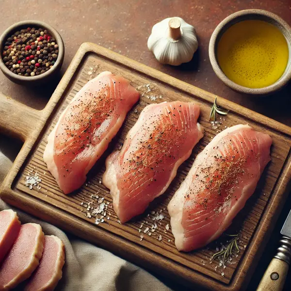 Raw duck breasts with skin-on, arranged on a wooden cutting board, seasoned with salt and black pepper. A small bowl of olive oil is placed nearby, with a softly blurred warm, rustic kitchen background.