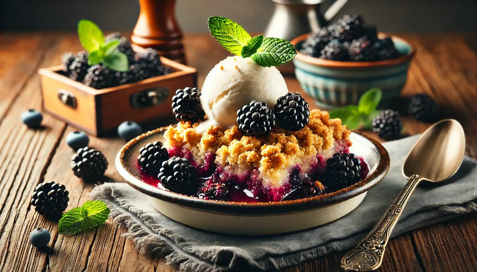 Golden-brown blackberry crumble with juicy berries, topped with melting vanilla ice cream and fresh mint, served on a rustic wooden table.