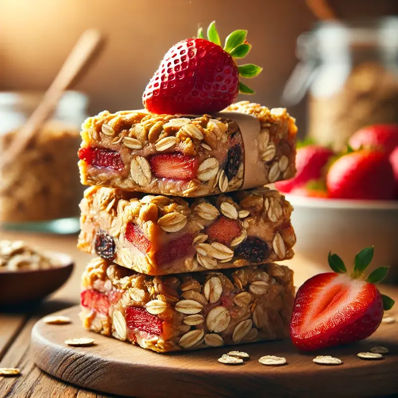 Stacked homemade strawberry granola bars on a wooden surface, featuring visible oats, nuts, and dried strawberry pieces. Fresh strawberries are placed around for decoration, with a softly blurred cozy kitchen background.