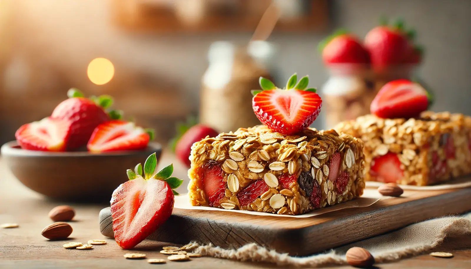 Homemade strawberry granola bars on a wooden cutting board, with visible oats, nuts, and dried strawberry pieces. Fresh strawberries are placed around the bars for garnish, with a softly blurred warm kitchen background.