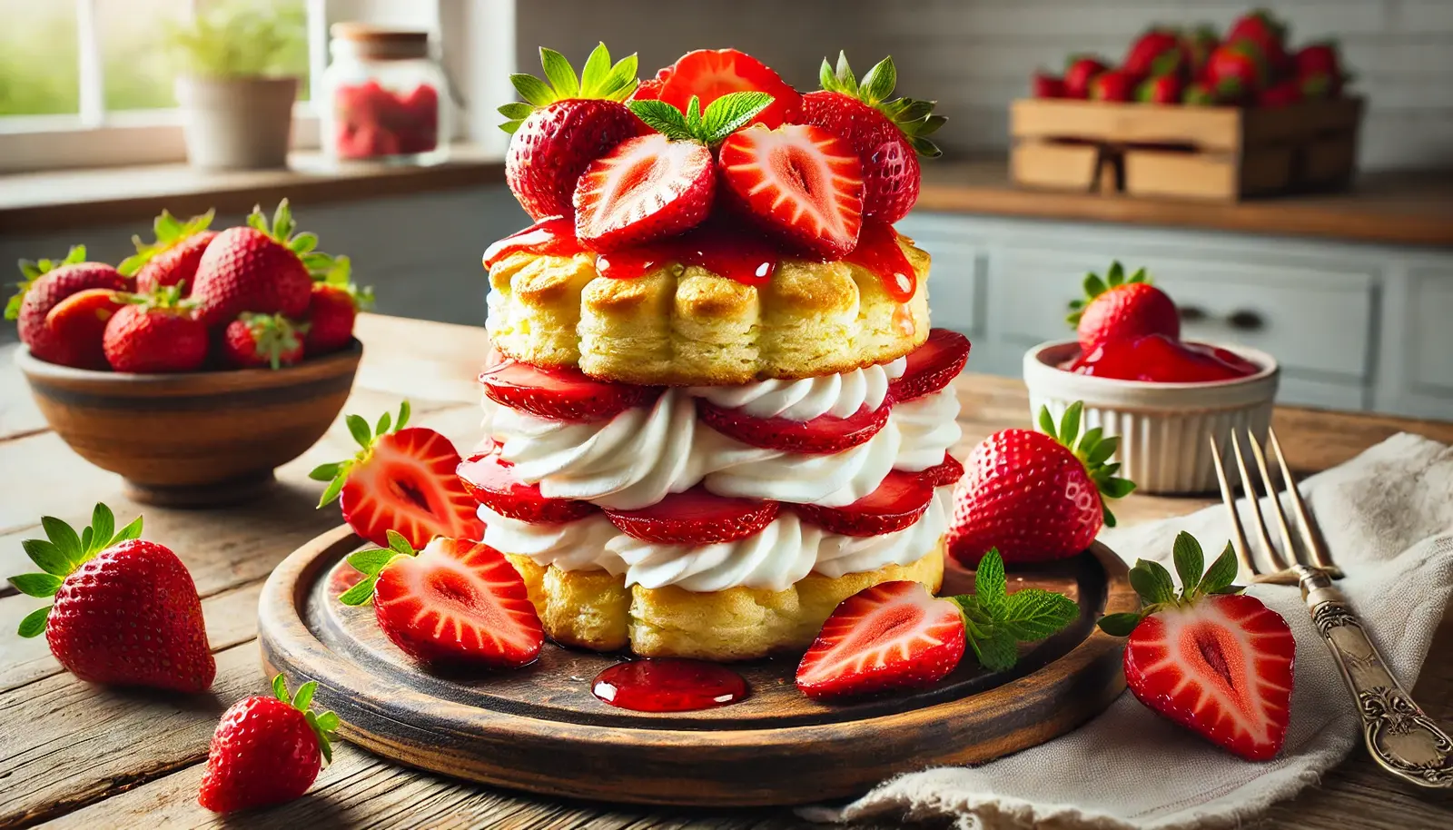 A golden, flaky Strawberry Shortcake layered with fresh strawberries and fluffy whipped cream, served on a rustic wooden plate with extra strawberries and strawberry sauce.