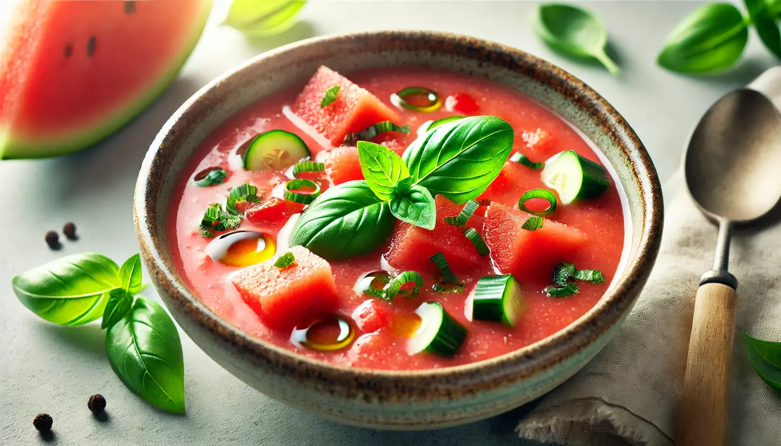 A bowl of vibrant watermelon gazpacho, garnished with diced cucumber, bell pepper, and fresh basil, with a drizzle of olive oil on top.