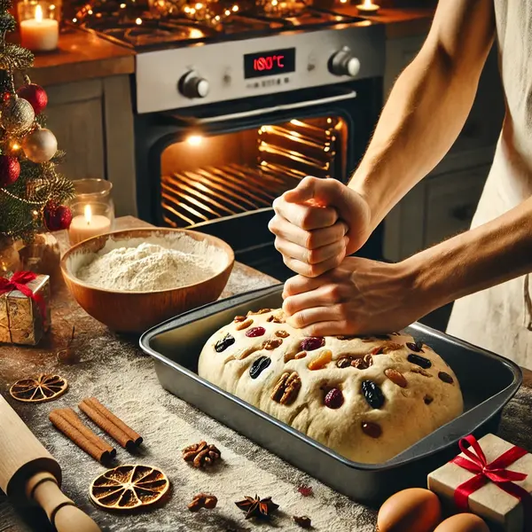 Christmas bread dough with fruits and nuts, ready for baking.