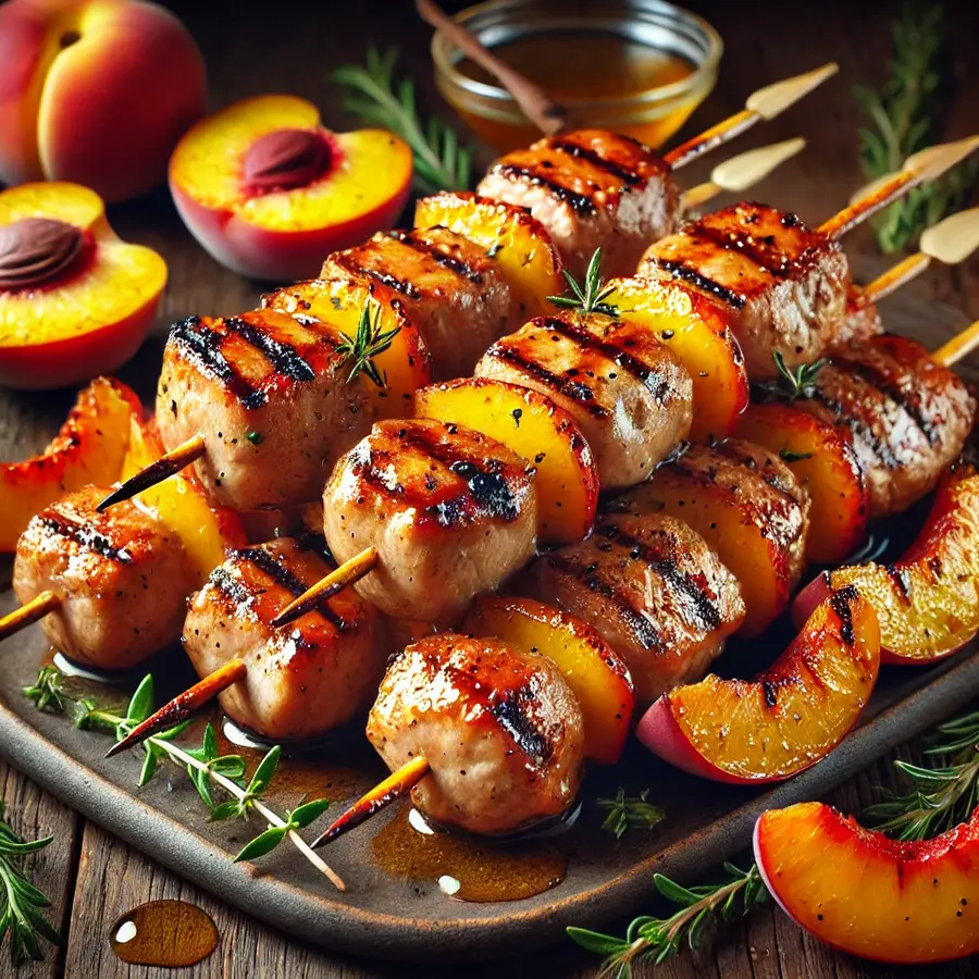 Grilled peach and pork skewers with caramelized glaze, garnished with fresh rosemary on a rustic wooden board