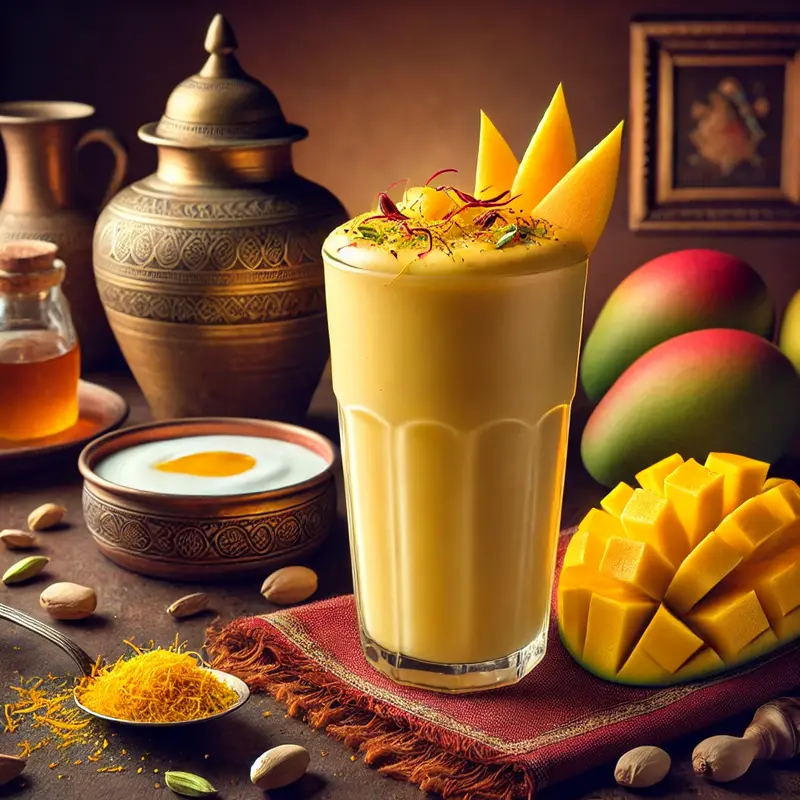 Desi-style Mango Lassi in a tall glass, garnished with saffron strands and crushed pistachios, with traditional elements like clay pots and brass utensils in the background—rich, creamy, and full of authentic flavor.