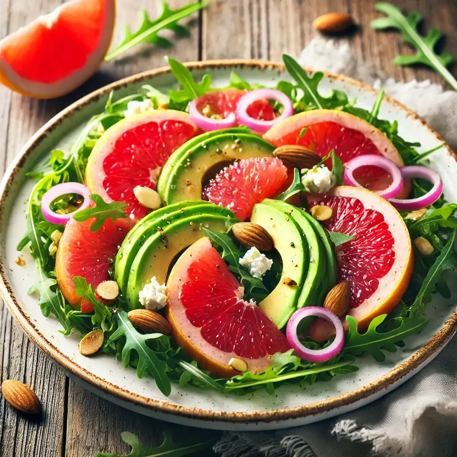 Fresh grapefruit avocado salad with arugula, feta, and citrus vinaigrette on a white plate.