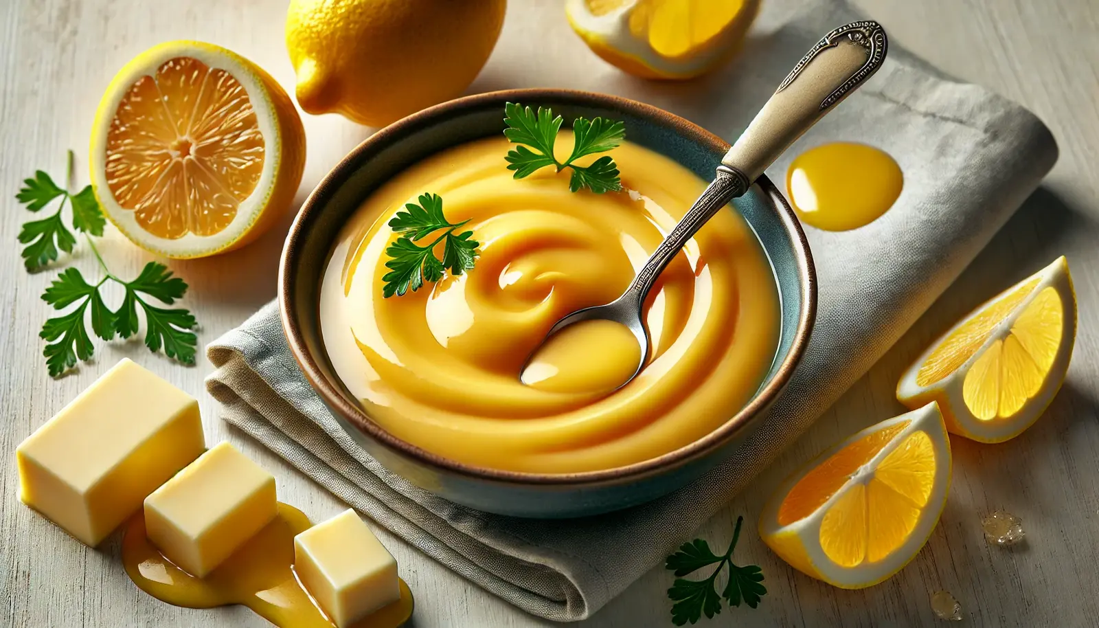 A wide-angle shot of a bowl filled with silky, golden lemon butter sauce, surrounded by fresh lemon slices, a butter cube, and finely chopped parsley on a light wooden or marble surface. 🔹 Caption: Indulge in this rich, velvety lemon butter sauce – the perfect finishing touch for seafood, chicken, and pasta!