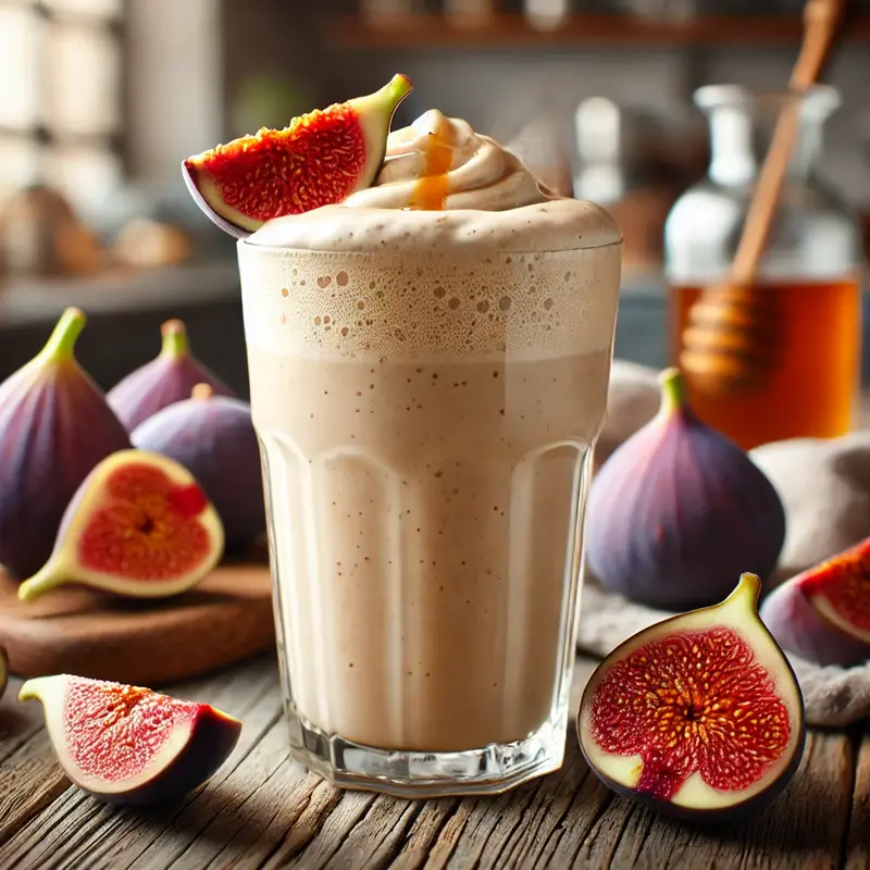 Creamy fig shake in a tall glass, garnished with fresh fig slices and honey, set on a rustic wooden table.