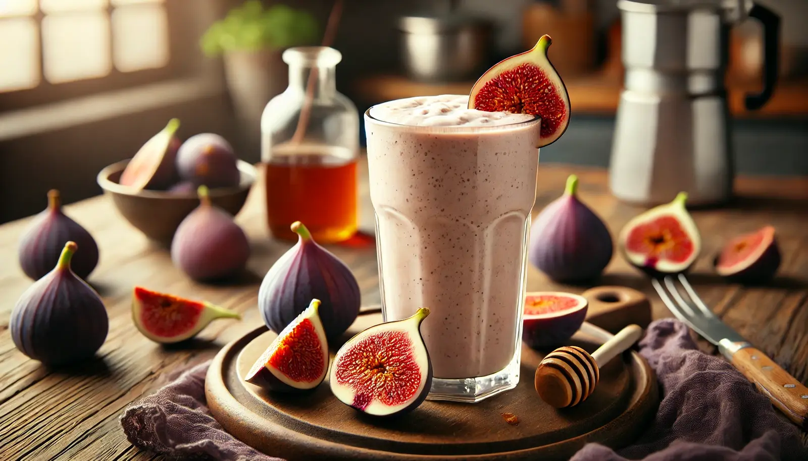Creamy fig shake in a tall glass, garnished with fresh fig slices and honey drizzle, set on a rustic wooden table with whole and halved figs.