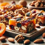 Close-up of fruit and nut bars with almonds, walnuts, dried cranberries, and apricots on a wooden surface, with a honey glaze.