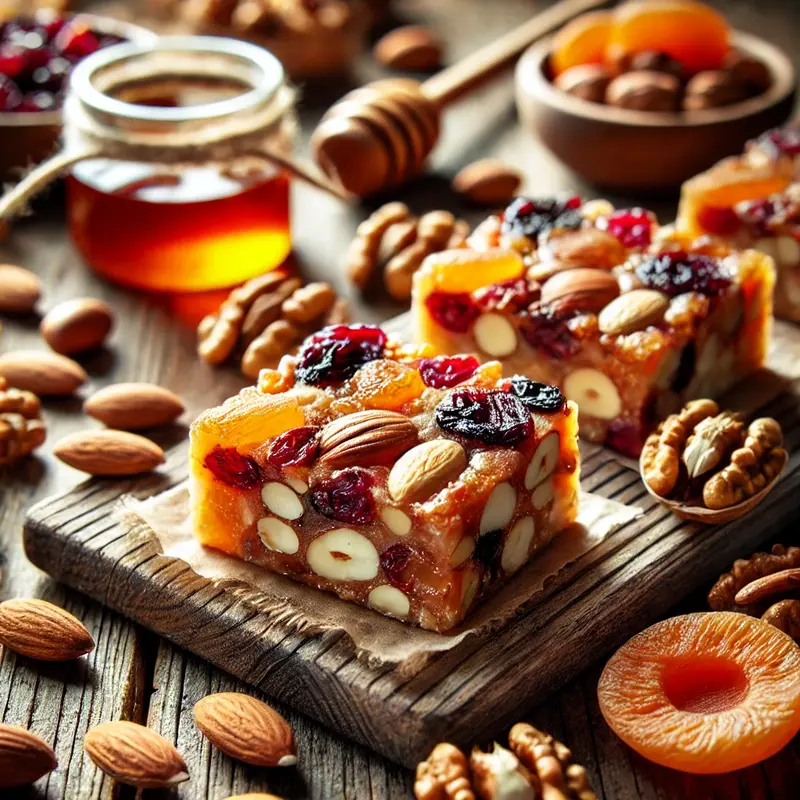 Close-up of fruit and nut bars with almonds, walnuts, dried cranberries, and apricots on a wooden surface, with a honey glaze.
