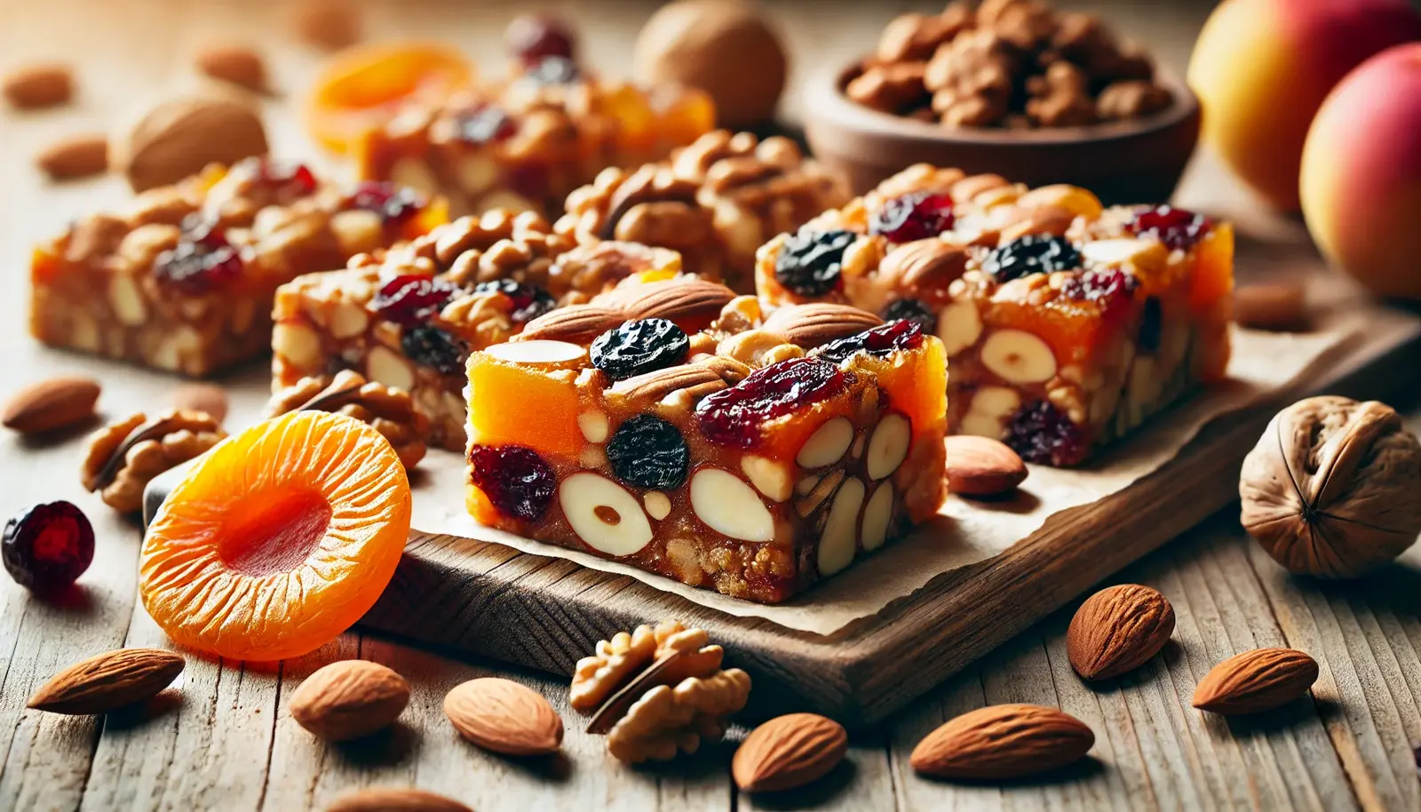 Close-up of fruit and nut bars with almonds, walnuts, dried cranberries, and apricots on a wooden surface, with a honey glaze.